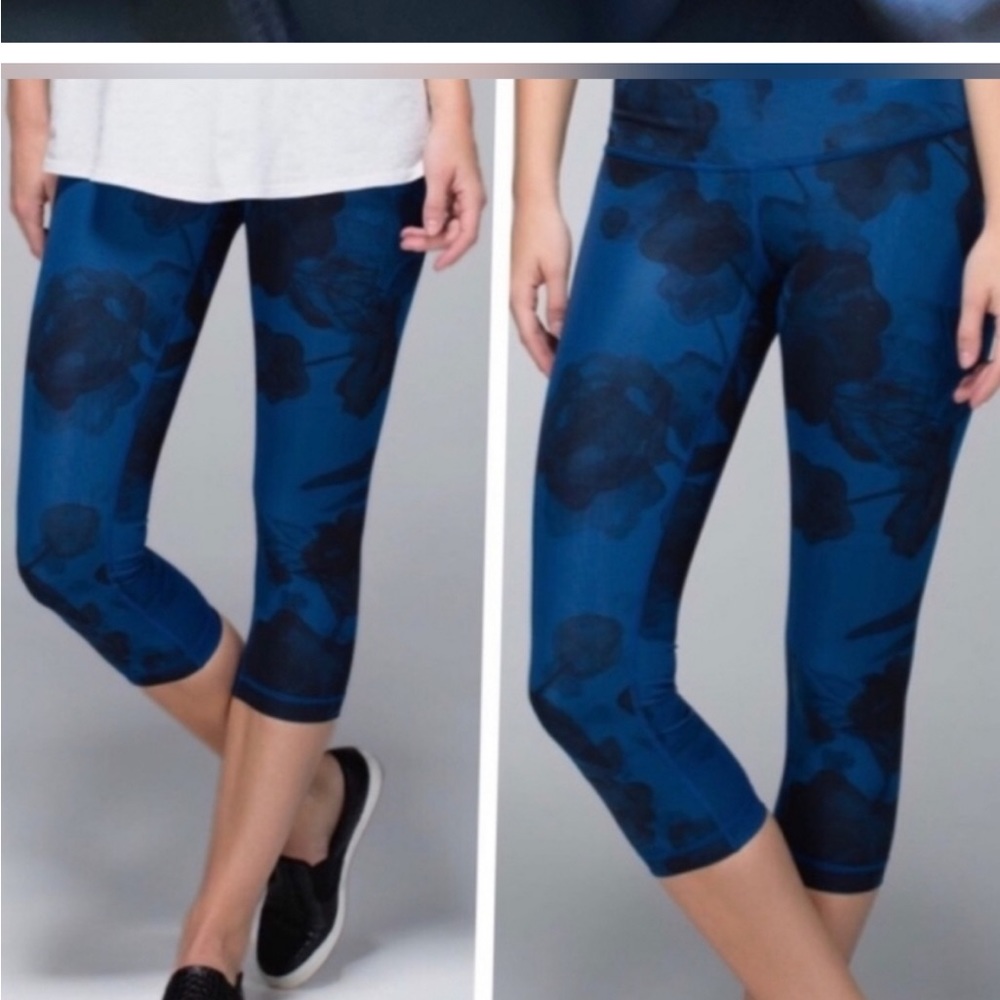 lululemon blue black floral wunder under capri